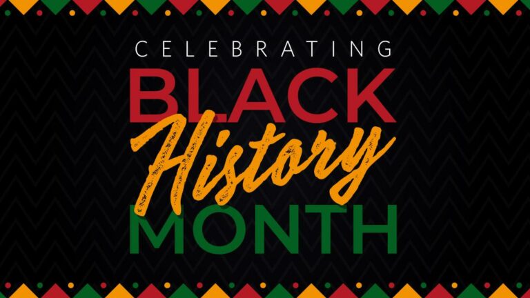 Graphic with the words "Celebrating Black History Month" in red, yellow, and green against a black zigzag-patterned background. The border features a row of alternating red, orange, green, and yellow diamonds.