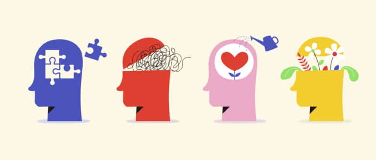 Illustration of four heads: one with puzzle pieces, one with tangled lines, one with a heart being watered, and one with flowers growing. Represents various mental states and the concept of mental health and growth within a supportive community.