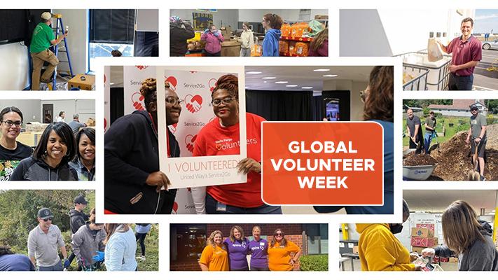 A collage showcases diverse individuals engaged in volunteer activities like gardening, sorting donations, and cleaning. Center text reads "Global Volunteer Week" as smiling people actively participate in community services.