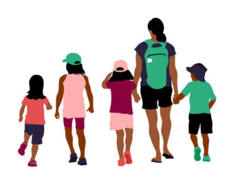 Illustration of an adult wearing a green backpack walking with four children, all holding hands or walking together. The group is shown from behind against a white background.