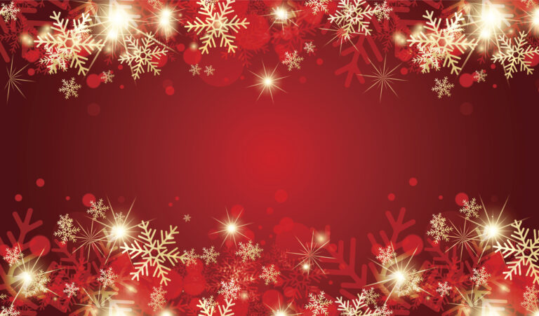 A festive red background adorned with golden and white snowflakes and sparkling lights forms a decorative border, creating a warm and cheerful holiday atmosphere that brings the community together.