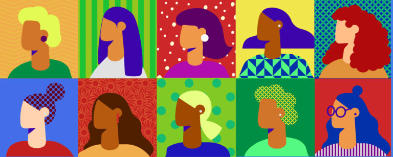 A colorful grid with abstract portraits of nine diverse individuals, each square featuring unique hairstyles, patterns, and vibrant backgrounds.