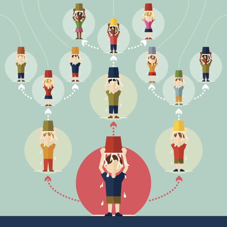 Illustration of people with buckets over their heads, connected by lines and arrows, representing a chain reaction or social media challenge. A central figure sweats with tiers of people .