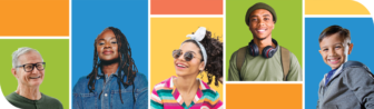 Colored blocks intermixed with people's faces.