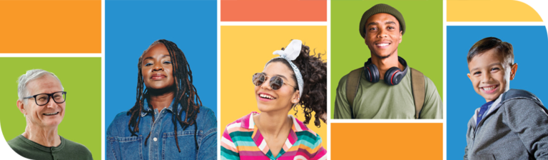 Colored blocks intermixed with people's faces.